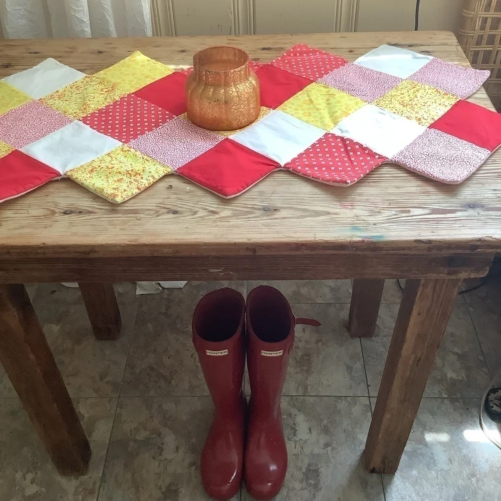 Bright Red Yellow White Cotton Calico Handmade Quilted Table Runner